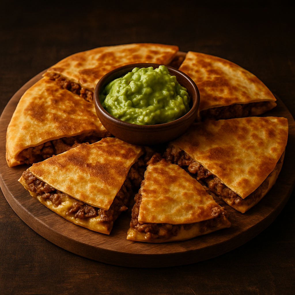 Tacodilla XL para compartir: tortilla grande dorada en sartén, rellena de carne molida y queso fundido, cortada en porciones triangulares
